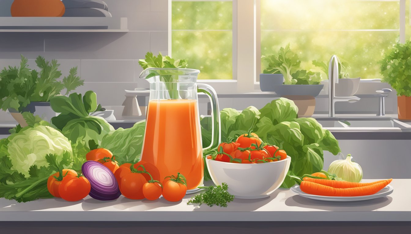 A pitcher of chilled gazpacho surrounded by fresh vegetables and herbs on a sunlit kitchen counter