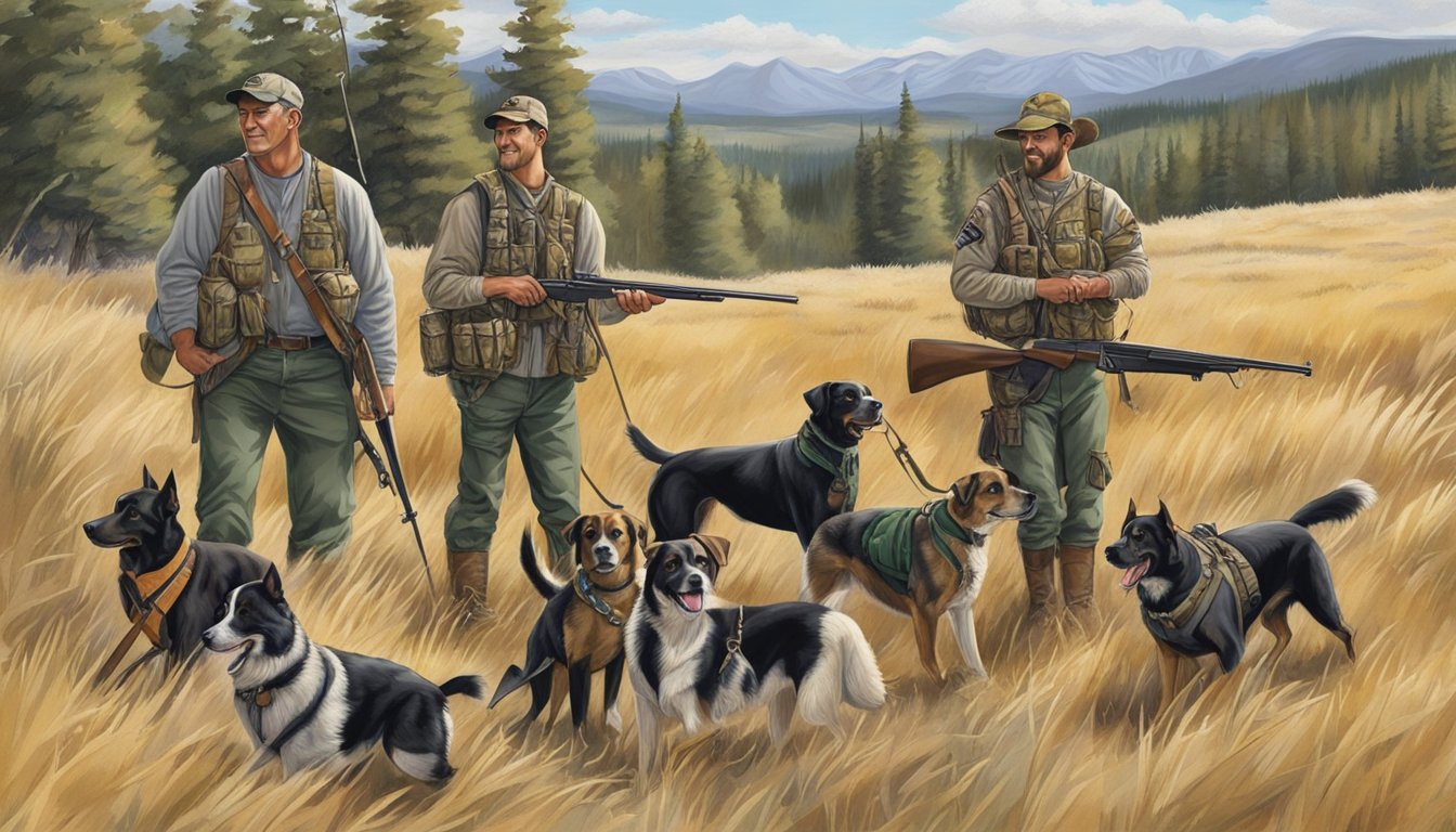 A hunting scene in Idaho with dogs, showing rifles, camouflage clothing, hunting vests, and dog collars and leashes