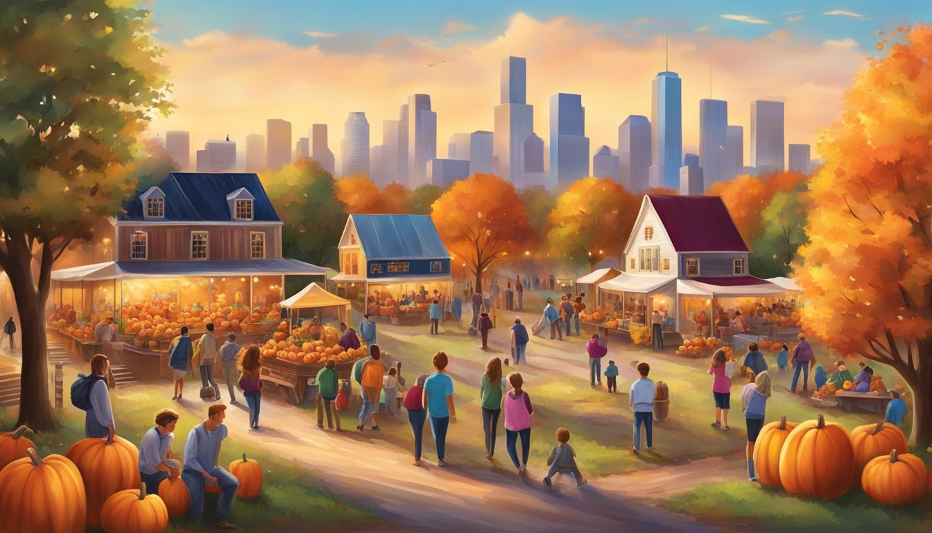 A colorful autumn festival with families enjoying pumpkin carving, hayrides, and apple picking amidst the backdrop of Houston's fall foliage