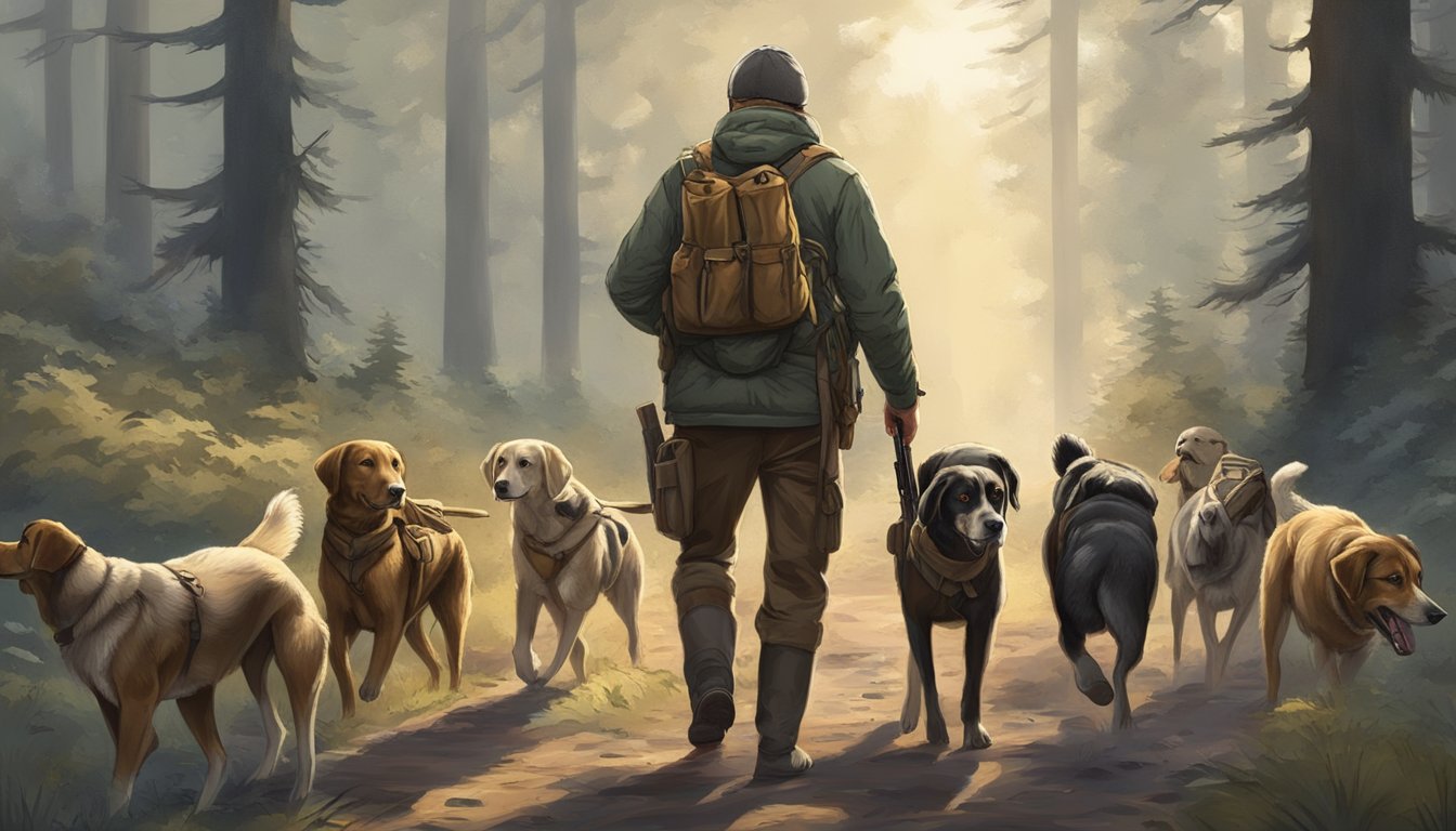 A hunter with a pack of dogs traversing through a wooded area, with a rifle slung over their shoulder and the dogs eagerly sniffing the ground for a scent