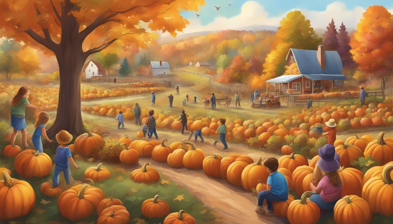 A colorful pumpkin patch with families picking pumpkins, children playing games, and a hayride through the autumn foliage