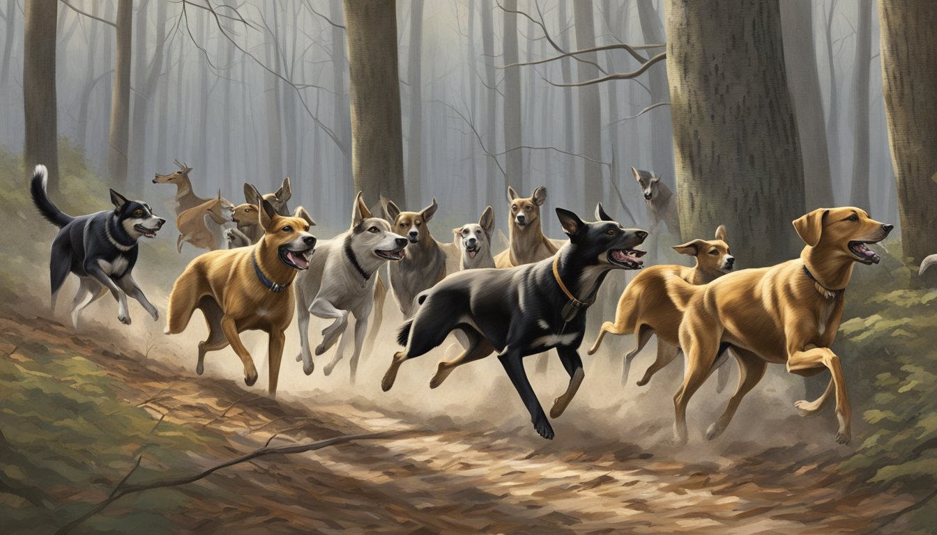 A pack of hunting dogs chase after a group of deer in the wooded forests of Delaware during a wildlife management conservation effort