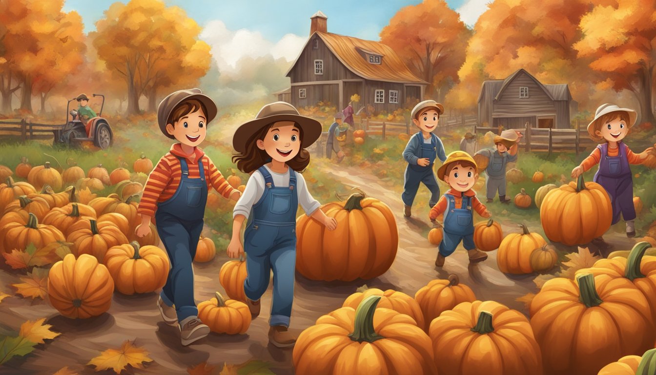 A group of children in costumes exploring a pumpkin patch with hayrides and a corn maze, surrounded by autumn foliage and festive decorations