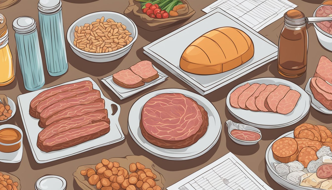 A table filled with processed meat products next to a chart showing health risks