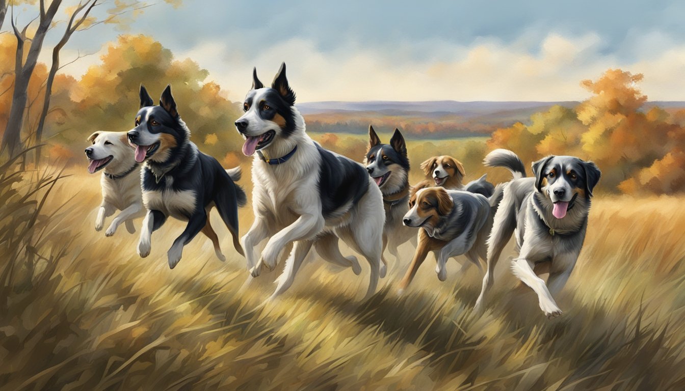 A pack of hunting dogs running through a wooded area in Delaware, with rolling hills and fields in the background