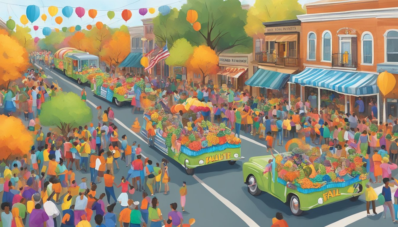 A colorful parade of floats and dancers winding through the streets, surrounded by crowds enjoying music, food, and games at a fall festival in Houston