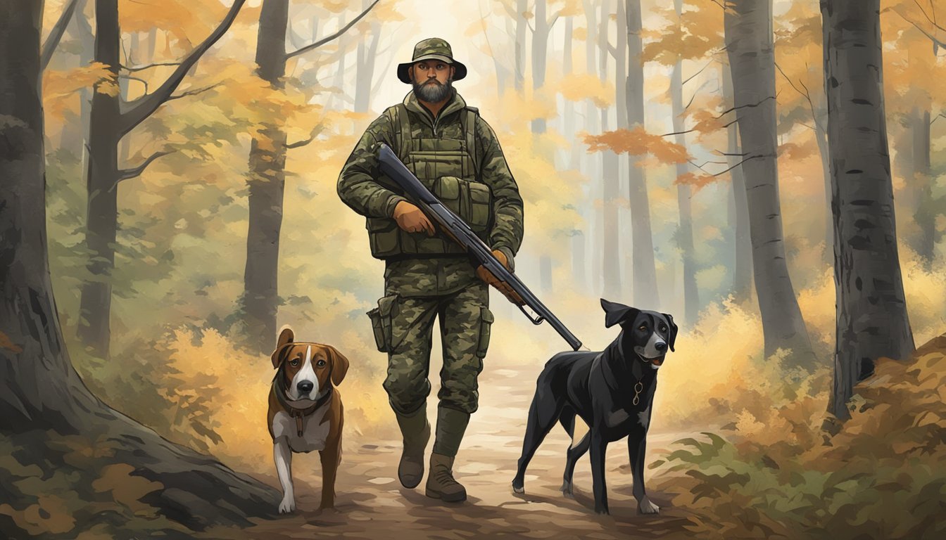 A hunter in camouflage carries a shotgun while walking through a forest with his hunting dogs in Delaware