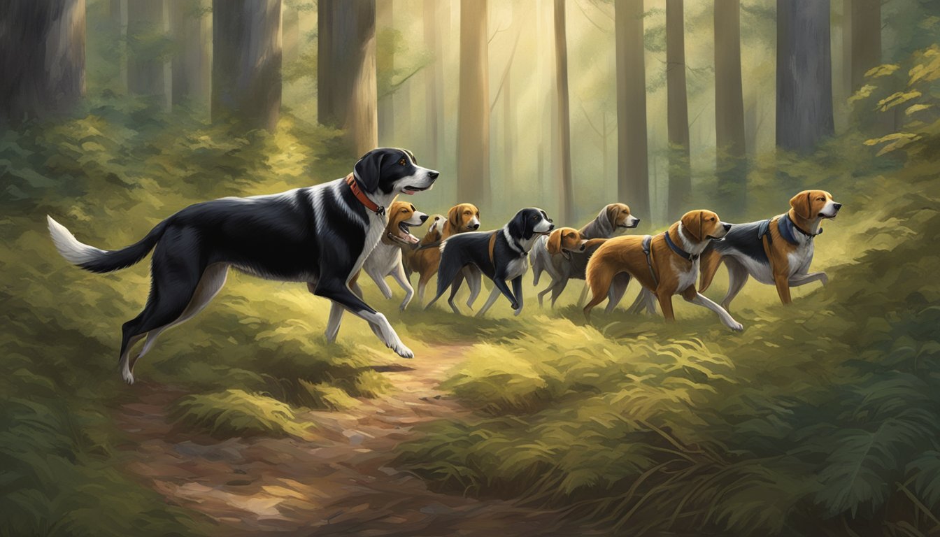 A pack of hunting dogs eagerly follow their owner through the dense forest, their noses to the ground as they search for prey in Delaware