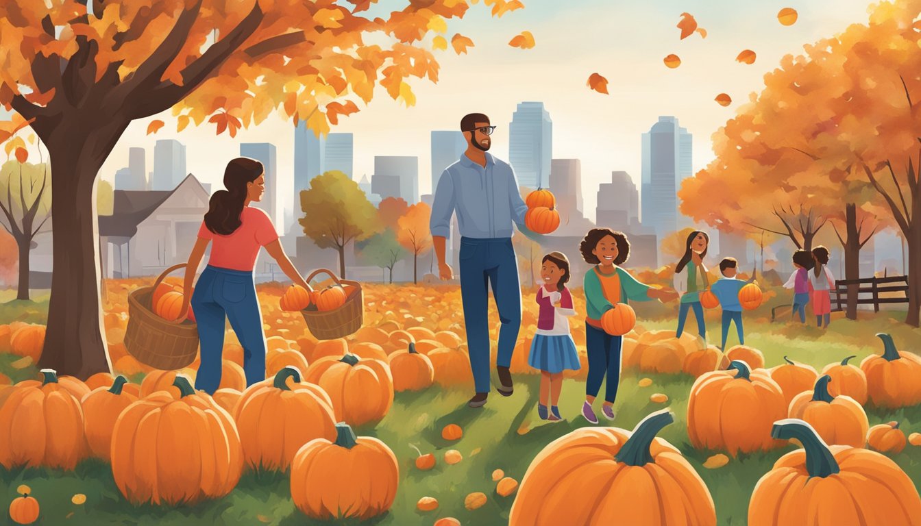 A family picking pumpkins at a colorful fall festival in Houston