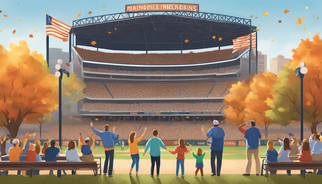 Families cheer at a Houston ballpark, surrounded by autumn foliage and enjoying fall activities