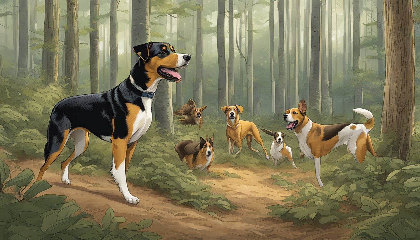 Dogs hunting in a wooded area in Delaware, with licensing and administrative details in the background