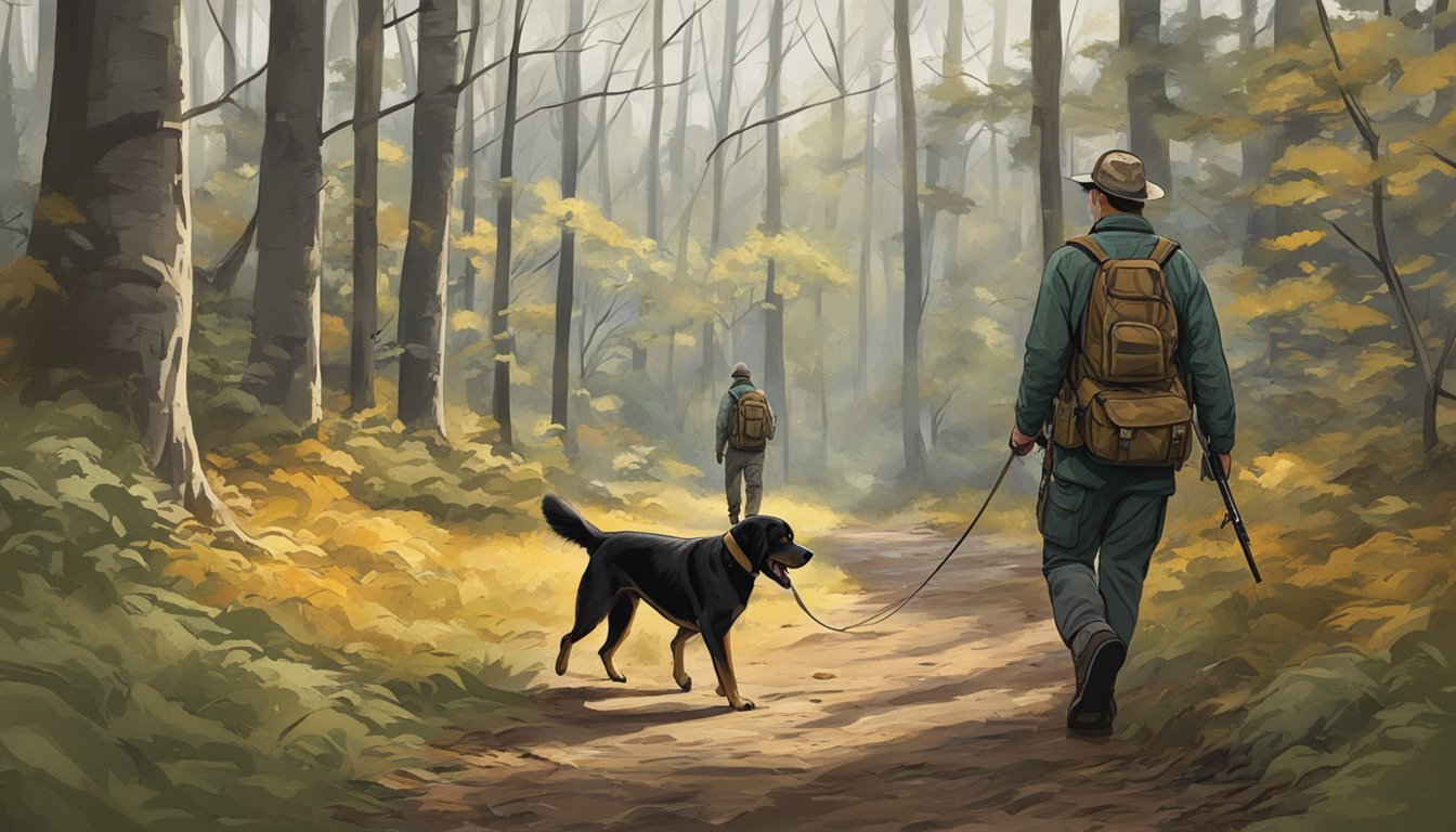 A hunter and a dog trek through a wooded area in Iowa, the dog eagerly sniffing the ground while the hunter scans the surroundings