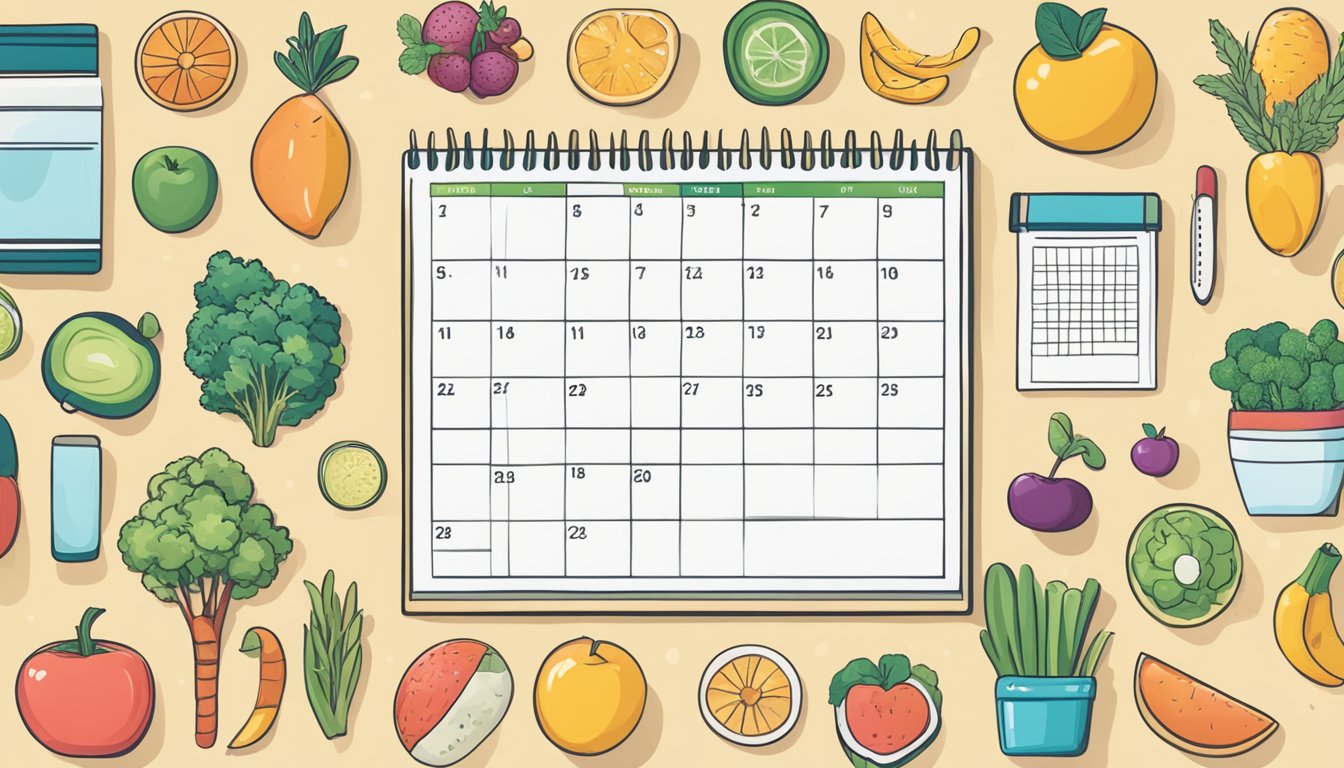 A calendar with checkboxes for each day, surrounded by images of healthy food and exercise equipment