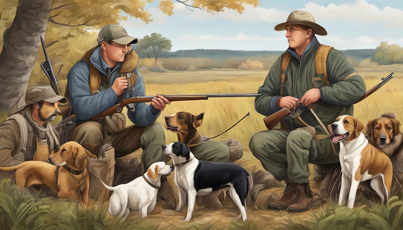 Dogs and hunters preparing for a hunting expedition in the Iowa countryside