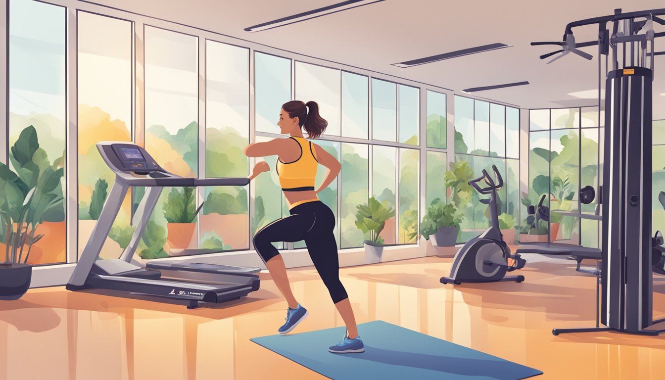 A person exercising in a bright, airy gym, surrounded by healthy food and motivational quotes