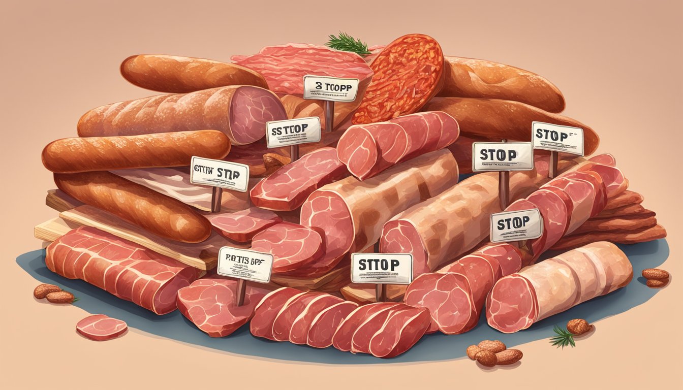 A pile of processed meats with warning signs and a red "stop" symbol