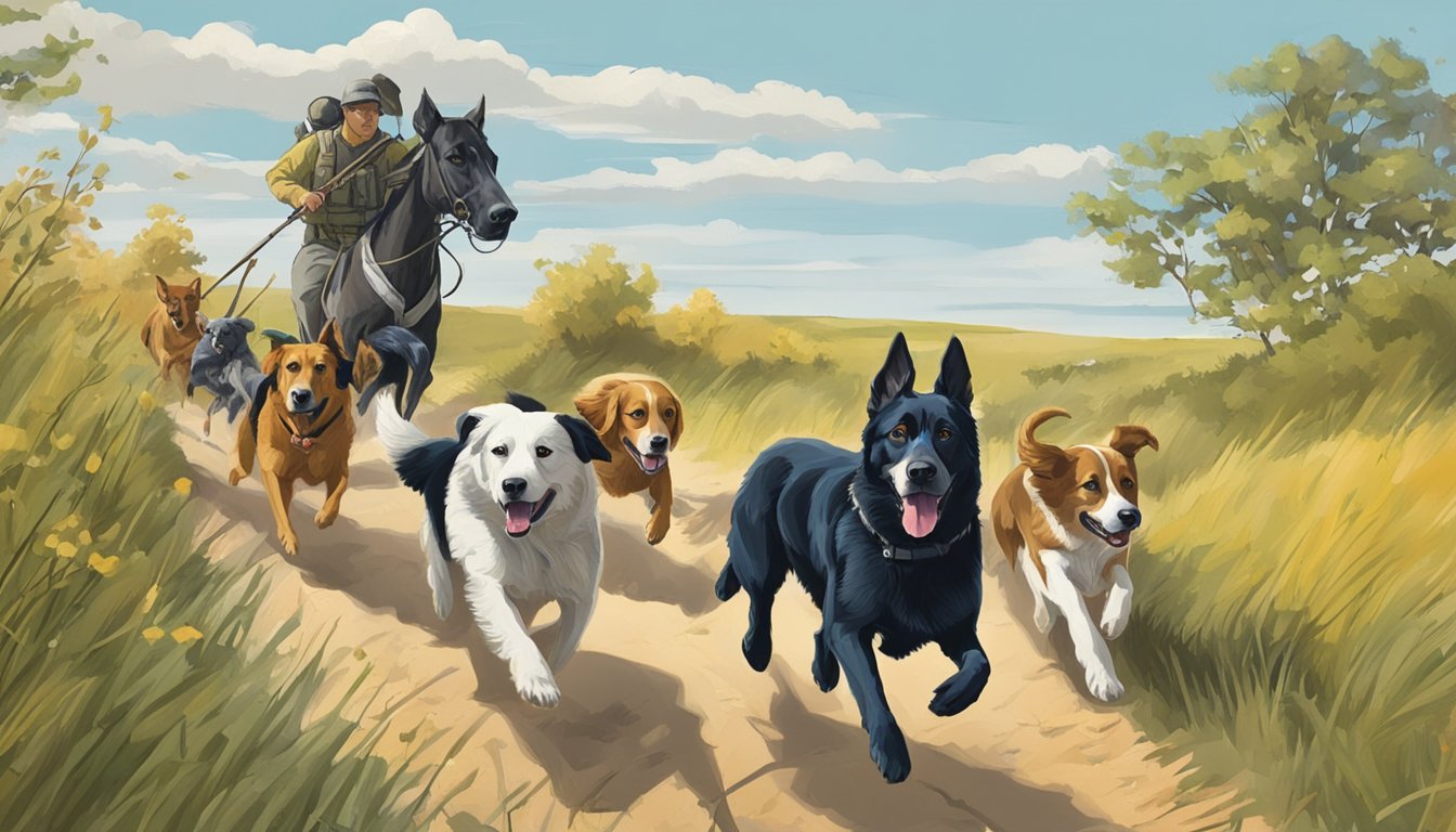 Dogs running through Iowa hunting land towards distant destinations