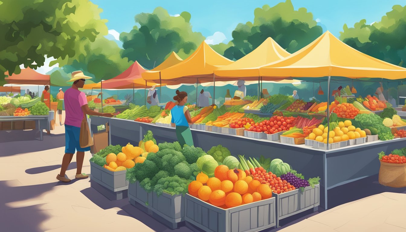 A vibrant farmer's market with colorful Texan fruits and vegetables, surrounded by lush greenery and a clear blue sky