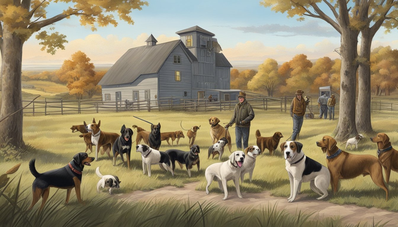 Dogs and hunters in a rural Iowa landscape, with kennels and breeders in the background