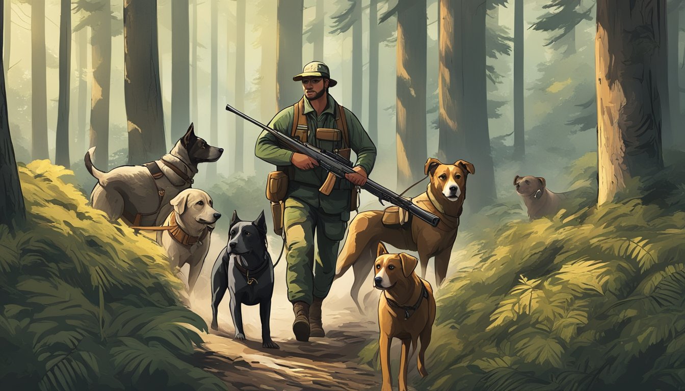 A hunter with a rifle and a pack of dogs navigating through a dense forest in Georgia, with signs indicating hunting regulations