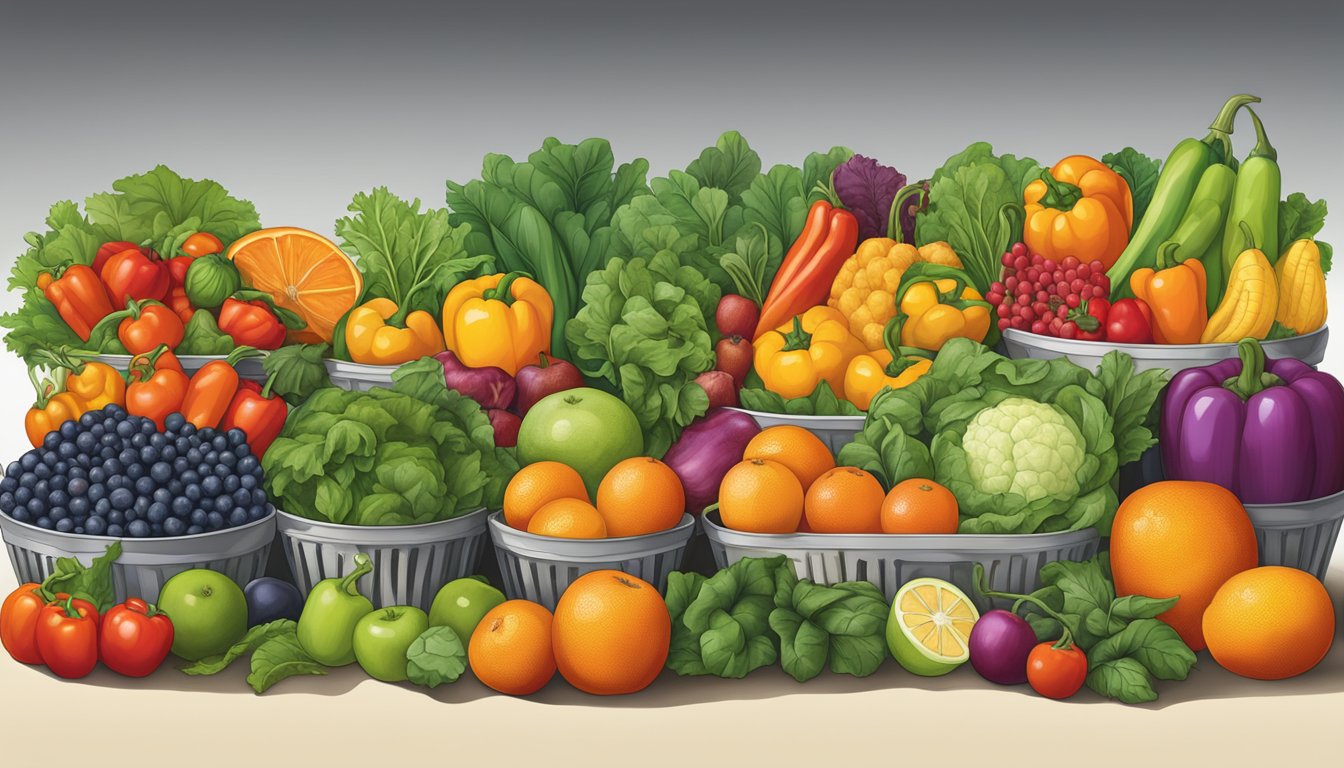 A colorful array of fresh fruits and vegetables from Texas, including oranges, bell peppers, and leafy greens, arranged in a vibrant display