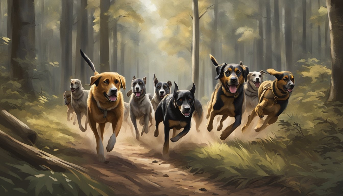 A pack of hunting dogs running through a wooded area in Georgia during hunting season