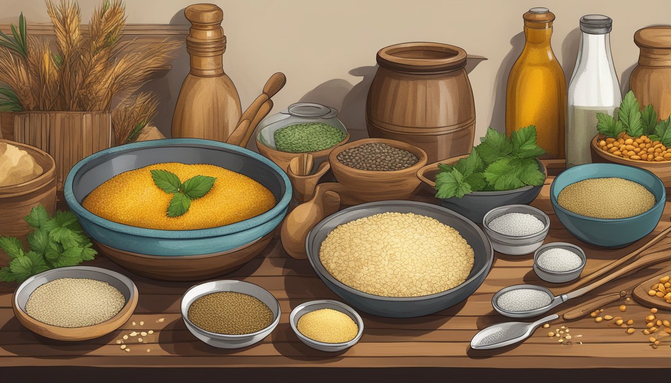 A rustic kitchen table with a bowl of homemade panjeeri mix surrounded by traditional utensils and ingredients