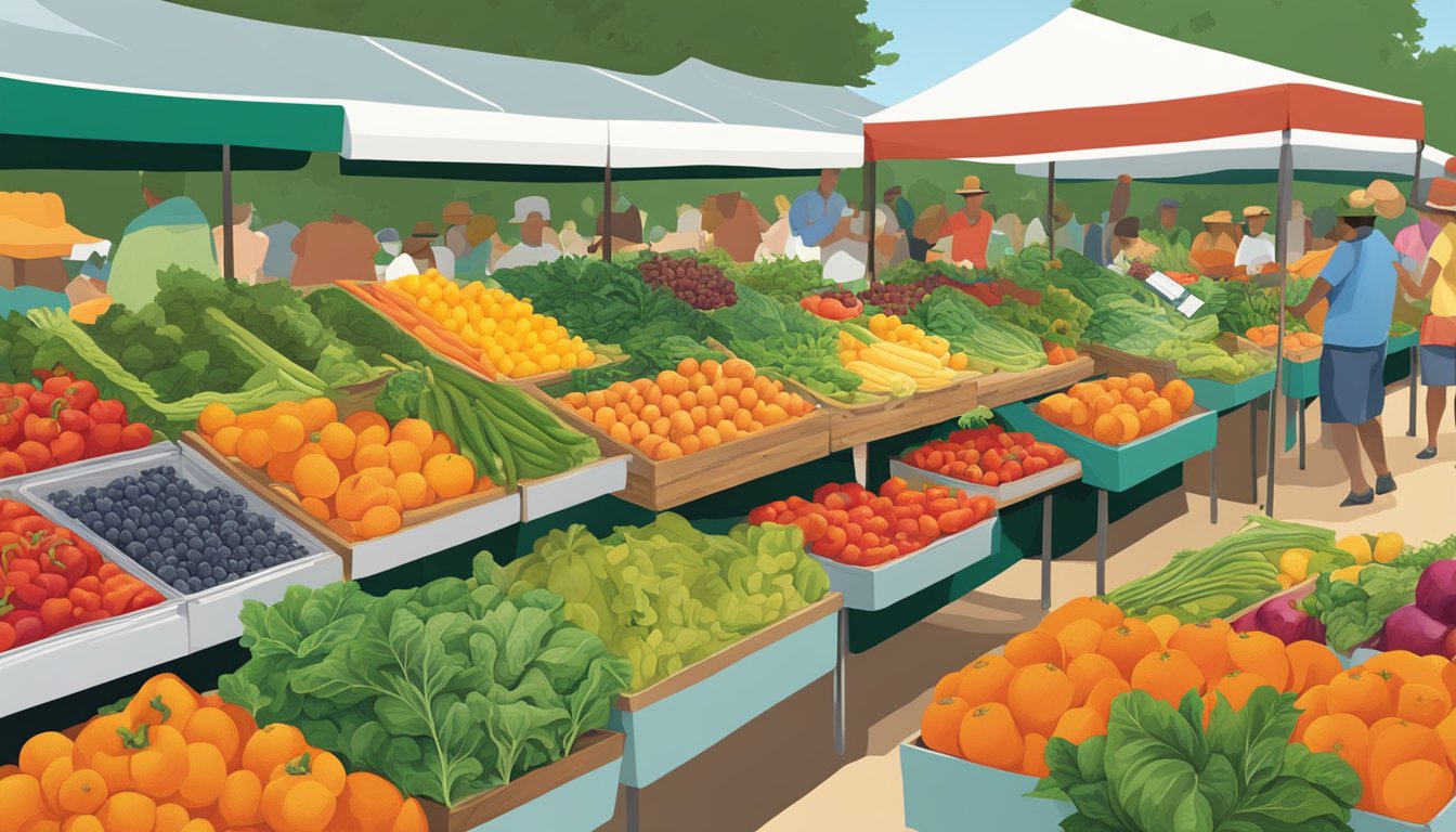 A vibrant farmer's market display showcases colorful Texas-grown produce, including oranges, bell peppers, and leafy greens