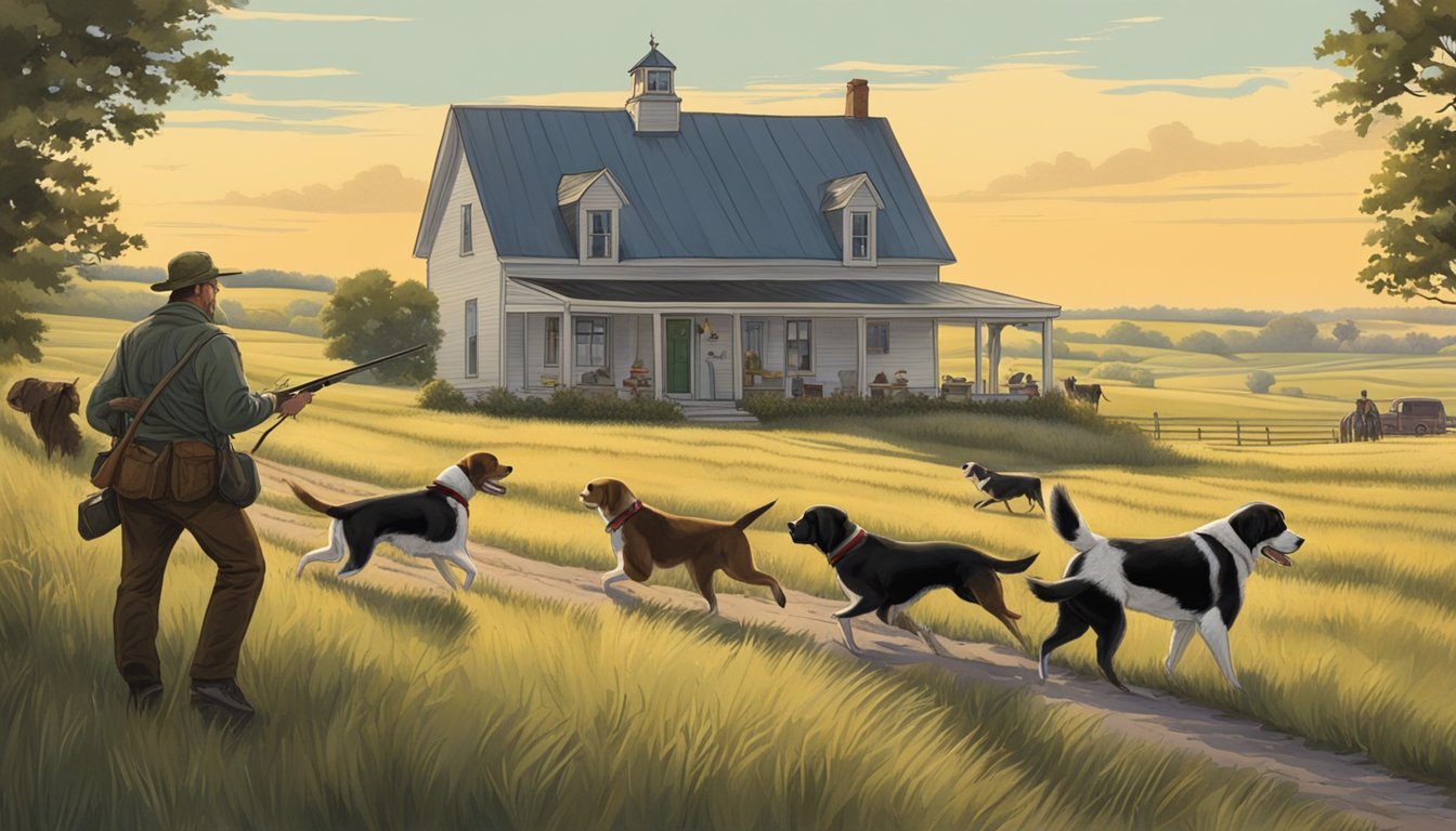 Dogs and hunters in a rural Iowa landscape, with rolling fields and a farmhouse in the distance