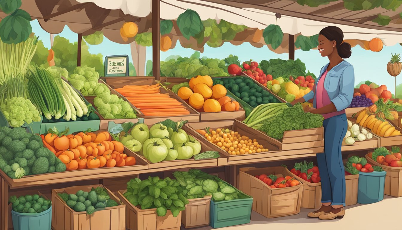 A vibrant farmer's market stall filled with colorful Texan produce including fruits, vegetables, and herbs, all arranged in an appealing and inviting display