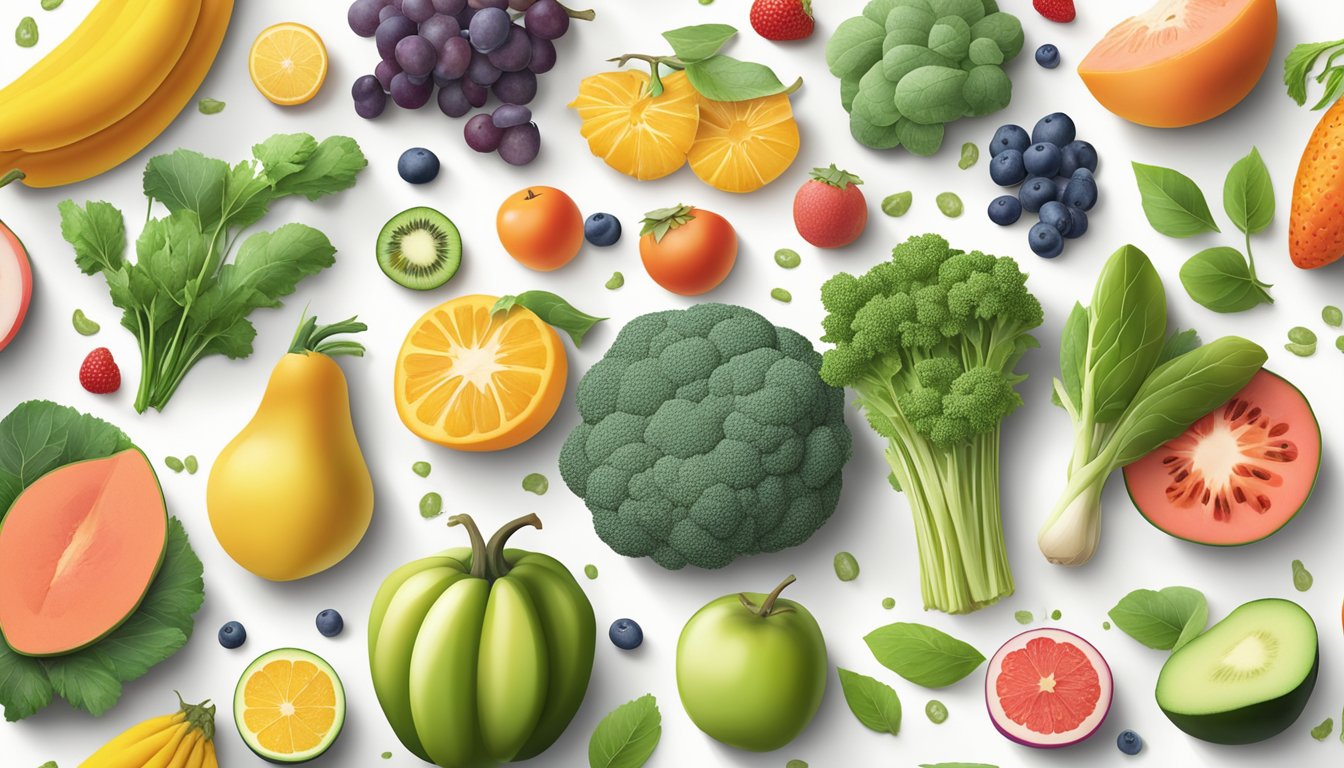 A variety of fresh fruits, vegetables, whole grains, and lean proteins arranged on a clean, white surface