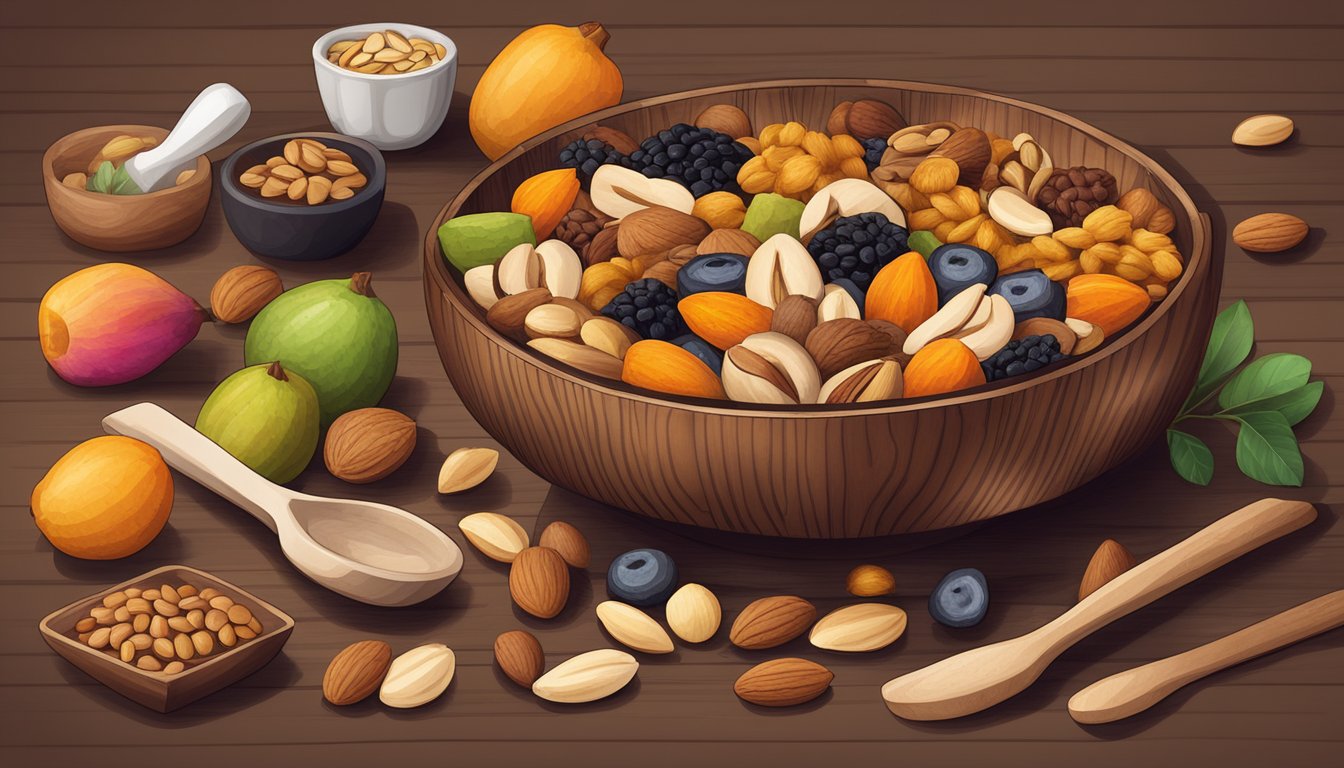 A wooden bowl filled with a colorful mix of nuts, seeds, and dried fruits, surrounded by traditional cooking utensils and a handwritten recipe card