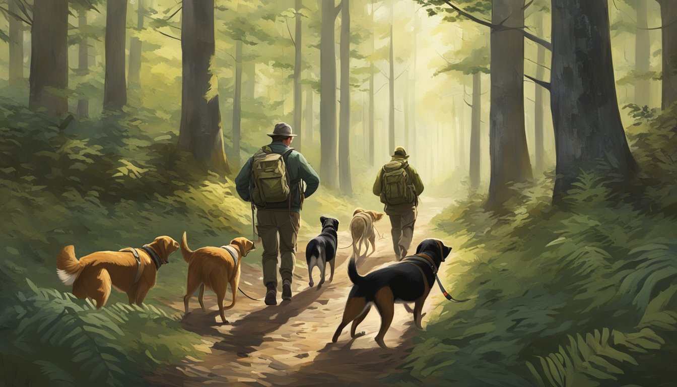 A group of hunters and their dogs trek through the dense New York forest, eagerly searching for game. The dogs eagerly sniff the ground as the hunters carefully scan the surroundings