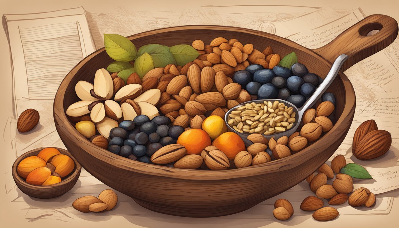 A vintage wooden bowl filled with a colorful mix of nuts, seeds, and dried fruits, surrounded by antique measuring spoons and a handwritten recipe card