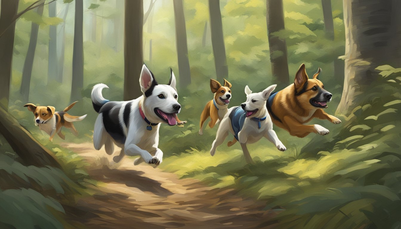 Dogs chasing small game in a New York forest