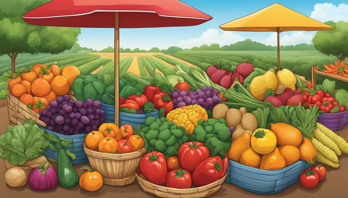 A colorful array of fresh Texan produce, including vibrant fruits and vegetables, arranged in a bountiful display