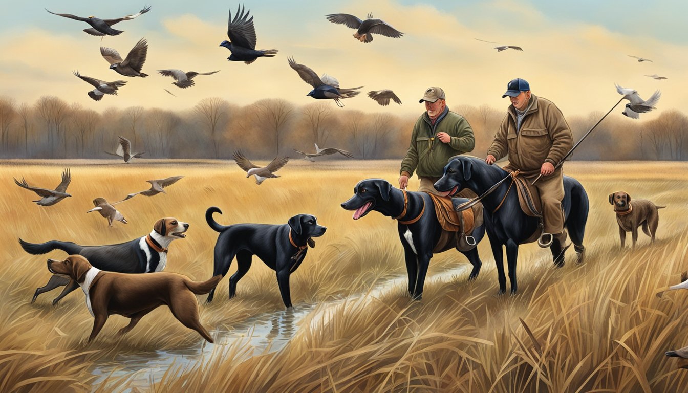 Dogs flushing out game birds in a New York hunting field