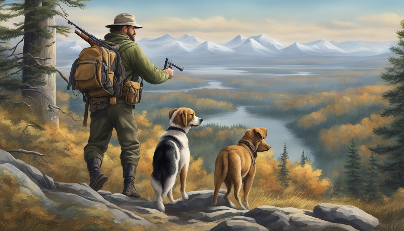 A hunter with a rifle and hunting gear, accompanied by two dogs, navigating through the New York wilderness