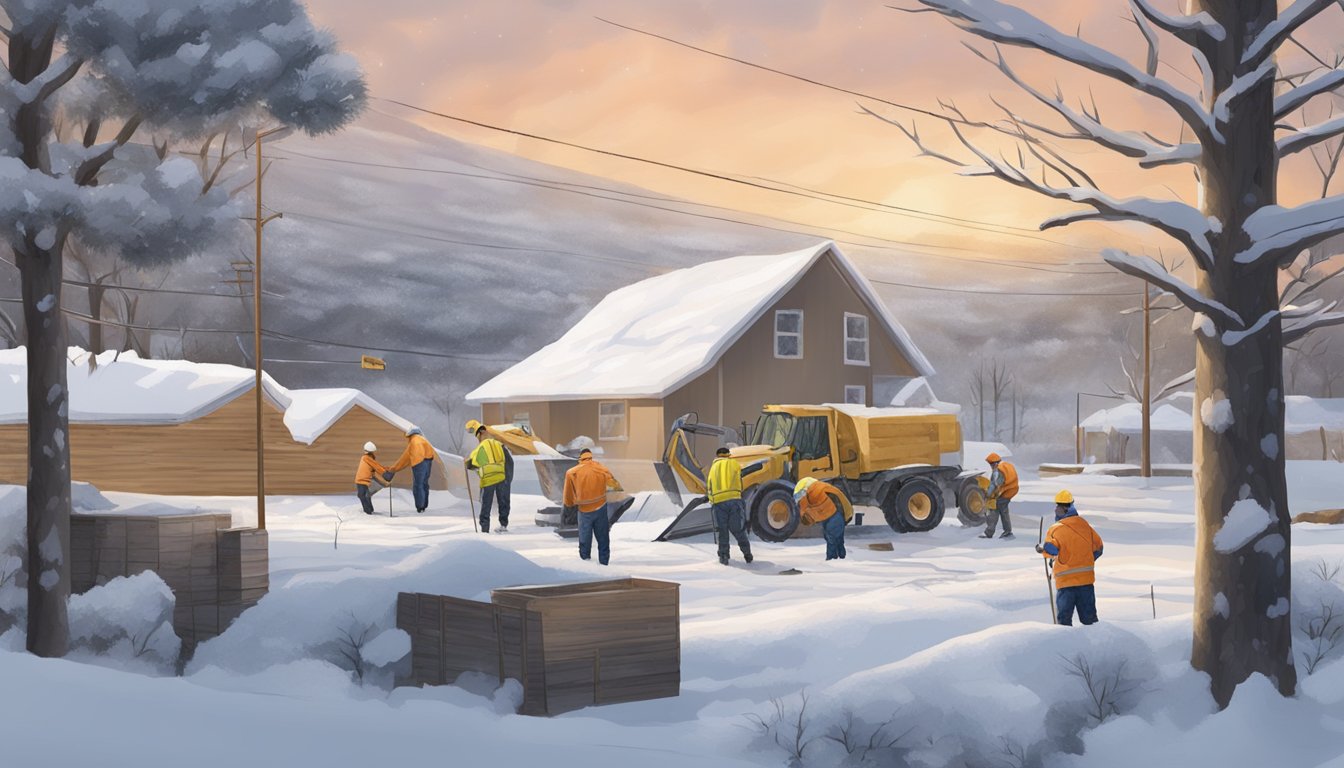 A snow-covered Texan landscape with workers installing insulation and securing structures for an impending winter storm