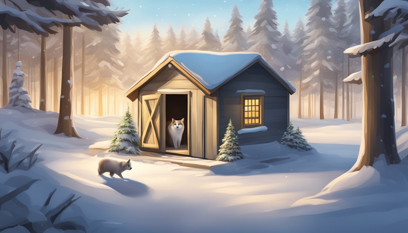 A cozy pet shelter with warm bedding, food, and water, surrounded by snow-covered trees and a clear path for emergency access