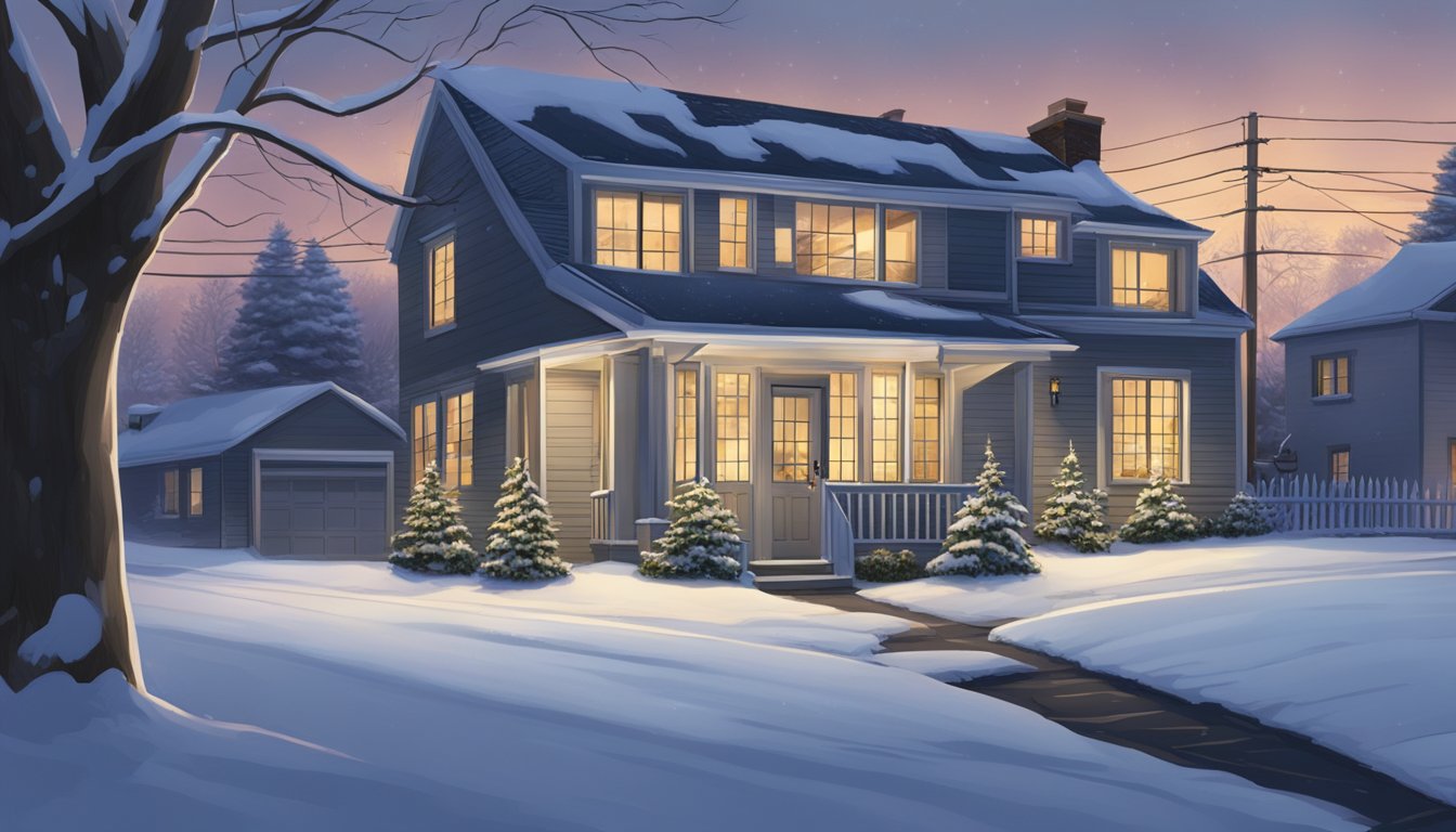 A suburban home with snow-covered landscape, darkened by a power outage. A generator hums in the background, providing light and warmth