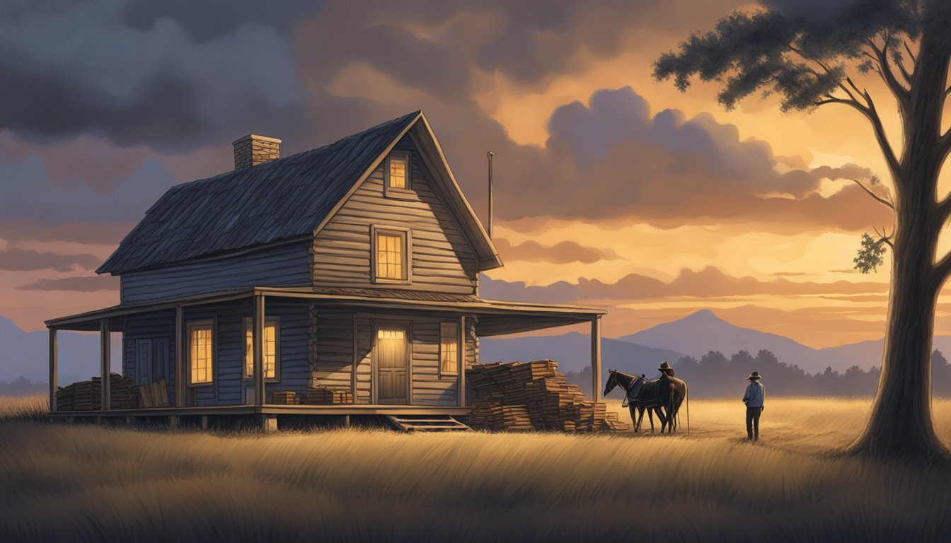 A lone ranch house stands against a darkening sky, as a family secures shutters and gathers firewood in preparation for an impending Texan winter storm