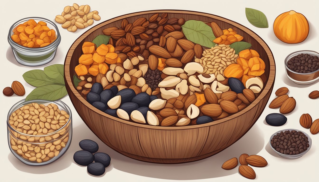 A wooden bowl overflowing with a colorful mix of nuts, seeds, and dried fruits, surrounded by jars of different ingredients and a handwritten recipe card