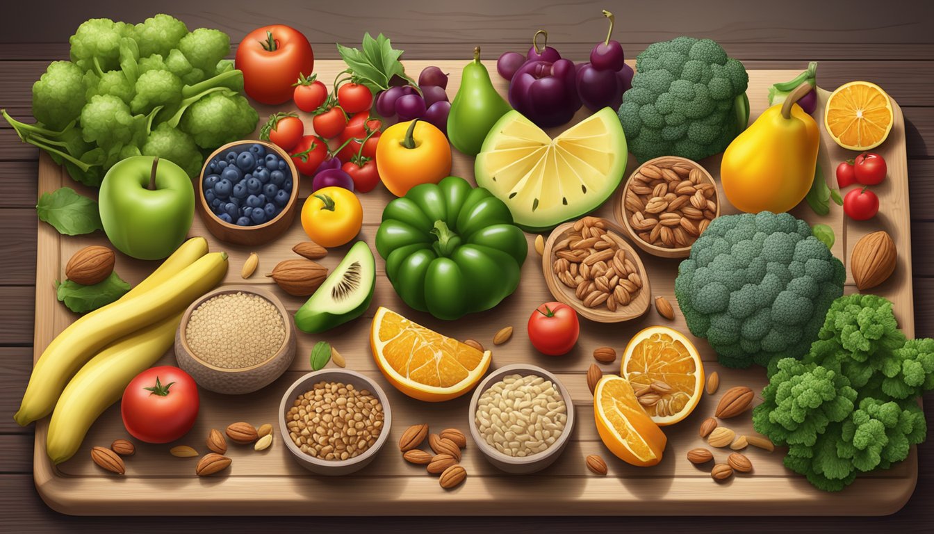 A colorful array of fresh fruits, vegetables, whole grains, lean proteins, and nuts arranged on a wooden cutting board