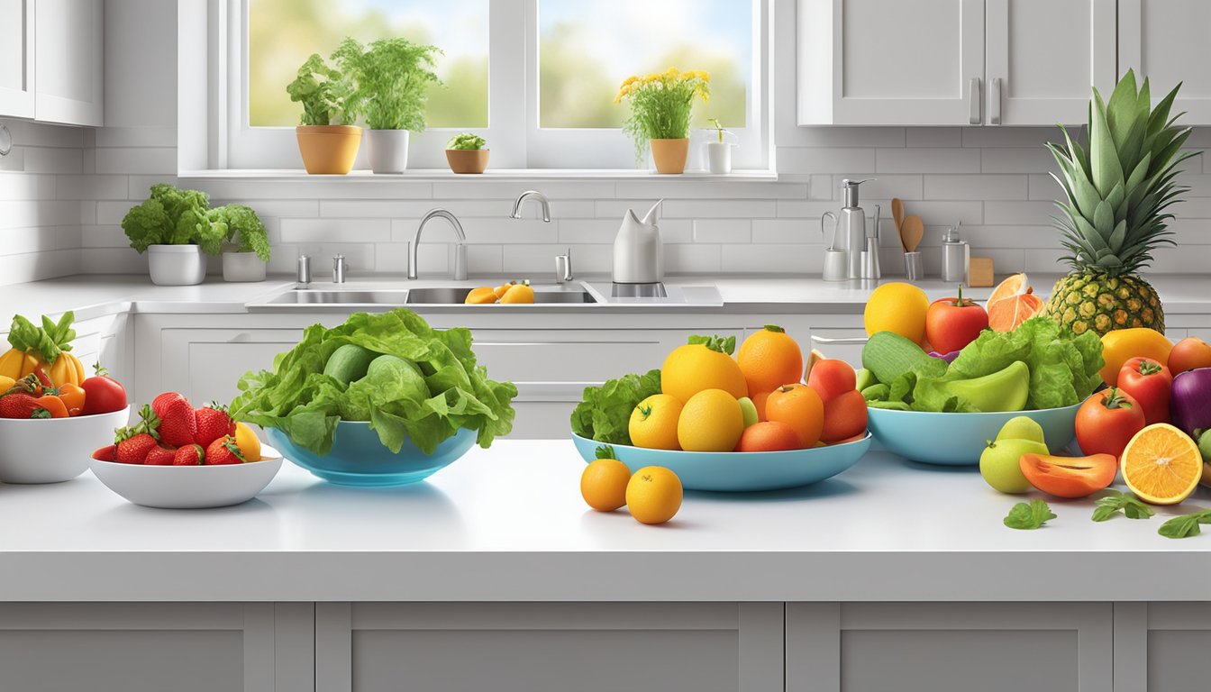 A colorful array of fresh fruits and vegetables arranged on a clean, white kitchen counter, with a glass of water and a vibrant salad bowl nearby