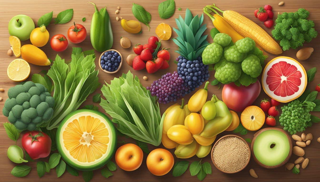 A colorful array of fresh fruits, vegetables, and whole grains arranged neatly on a wooden table, surrounded by vibrant greenery and natural light