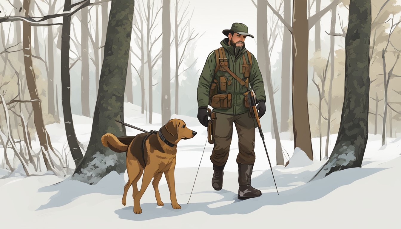 A hunter with a dog in a wooded area, following Massachusetts hunting regulations