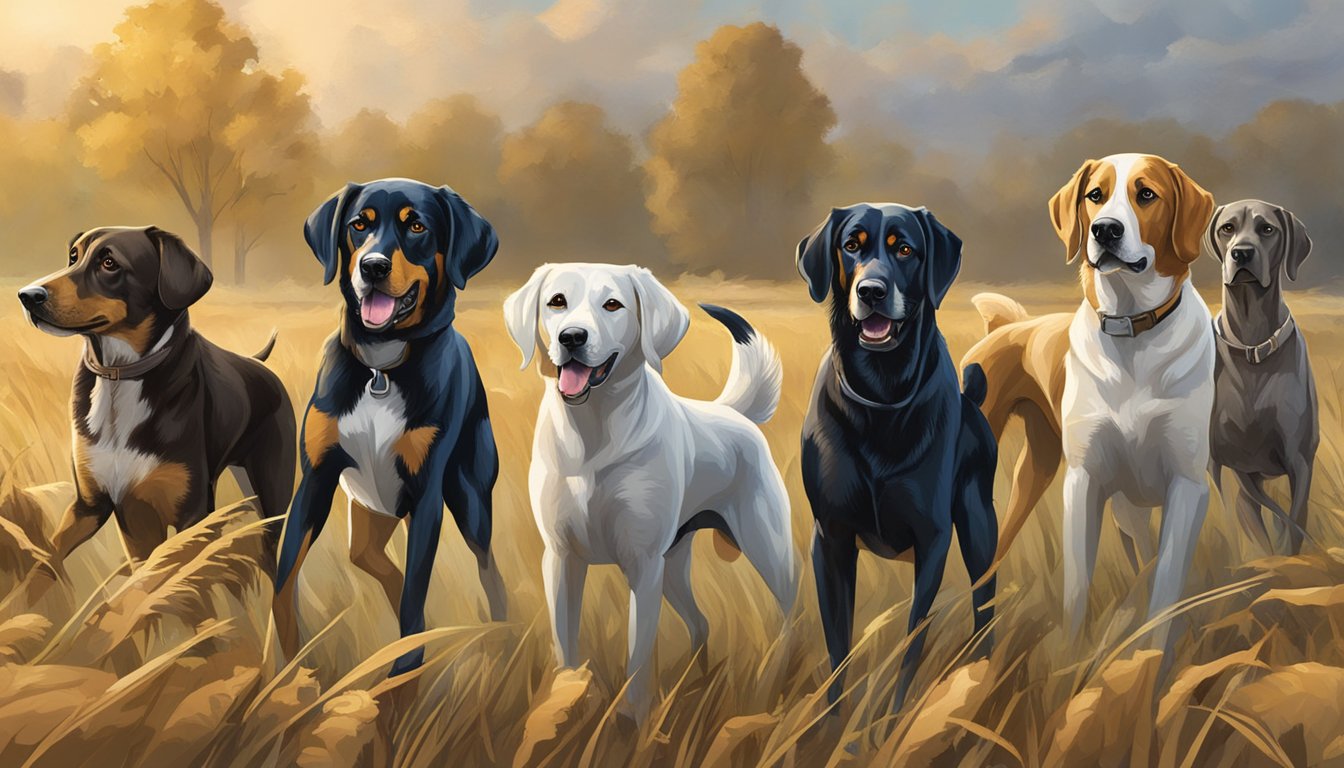 A group of sporting dogs hunt in the fields of Illinois, showcasing different breeds for selection