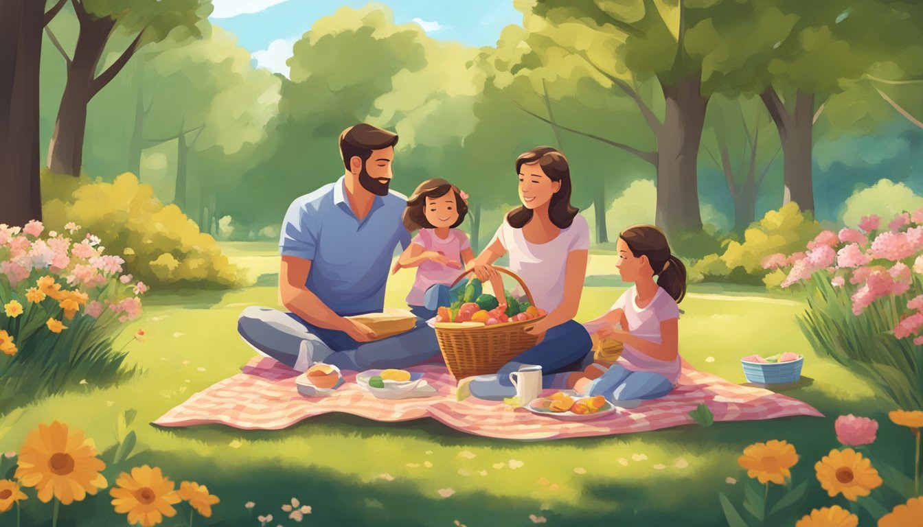 A family picnic in a park, with a mother surrounded by her children, enjoying a sunny day with a blanket, basket, and flowers