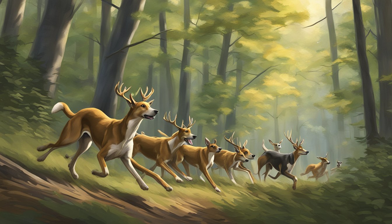 A pack of hounds chasing a deer through a dense forest in Pennsylvania